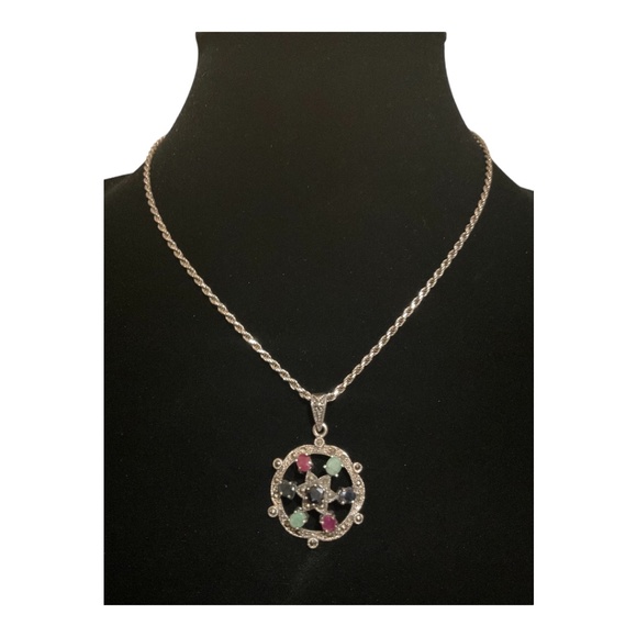 🌺 Vintage 925 Emerald Sapphire & Ruby Marcasite Pendant with 925 Rope Chain - Picture 6 of 13